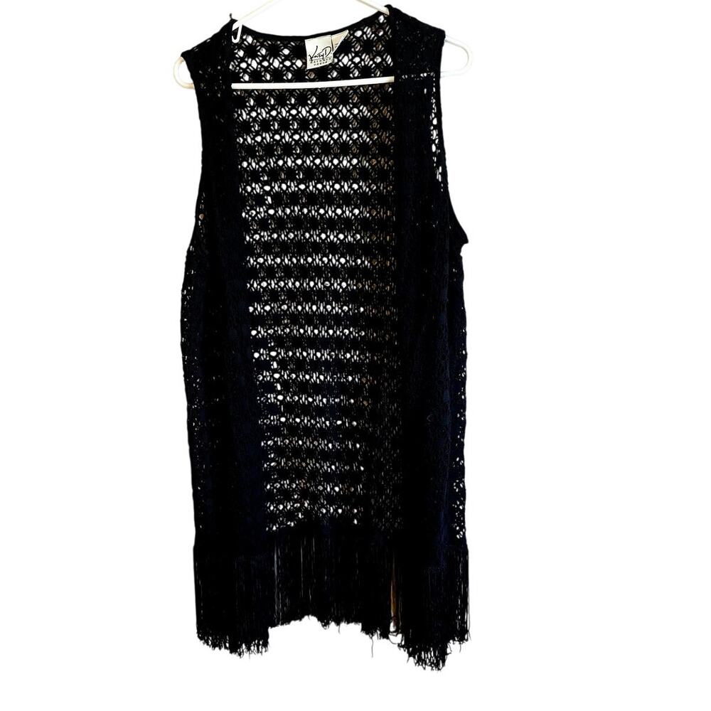 Vintage Katy D open knit black fringe cardigan top size 14 festival